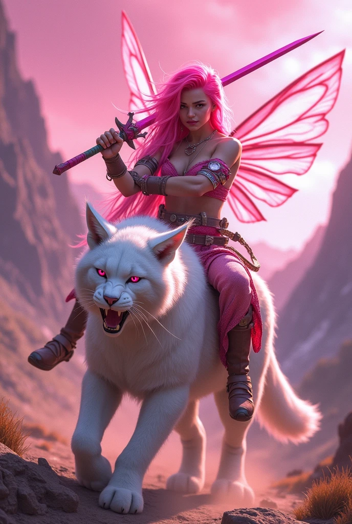 A pink hair edle fairy with a sharp pink sword, riding a white lynx with pink eyes and a sharp nose in a battle field in a valley of its own, with a backdrop of a pink sky with a sharp, defined border. HD, 8K, ultra-realistic, hyper-detailed, hyper-quality, bright lighting, faded. detalied face