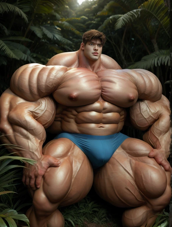1boy, giant, asian, solo, giant bodybuilder, golden hour, strong body, bulk, large size, ascetic sit in any jungle, outdoor, nude, blue triangular underwear with enormous bulge, extraordinary big, brutalmass, giant muscular body, bulk, buff, massive body, large meaty body size, extremely wide body,  tallest body
