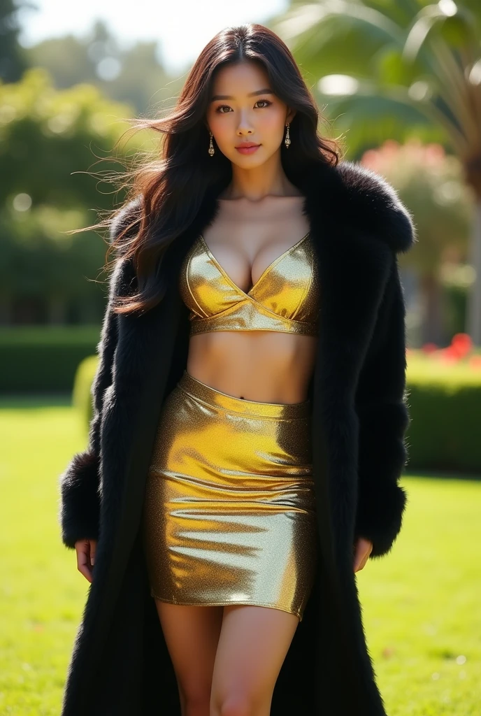 Hyperrealistic close-up photo of Kim Ji-Soo (From Korea), masterpiece, Best Quality, (photorealistic:1.4), Whole body, (gold glitter crop top:1.2), (shiny gold pencil miniskirt:1.2) heels, in the garden,  sunny day,  cinematic light, beautiful woman, skinny, big big breasts, long black fur, detailed face, smile, in front of the camera, photo taken from a distance, age of 21 jennifewr lawrence face
