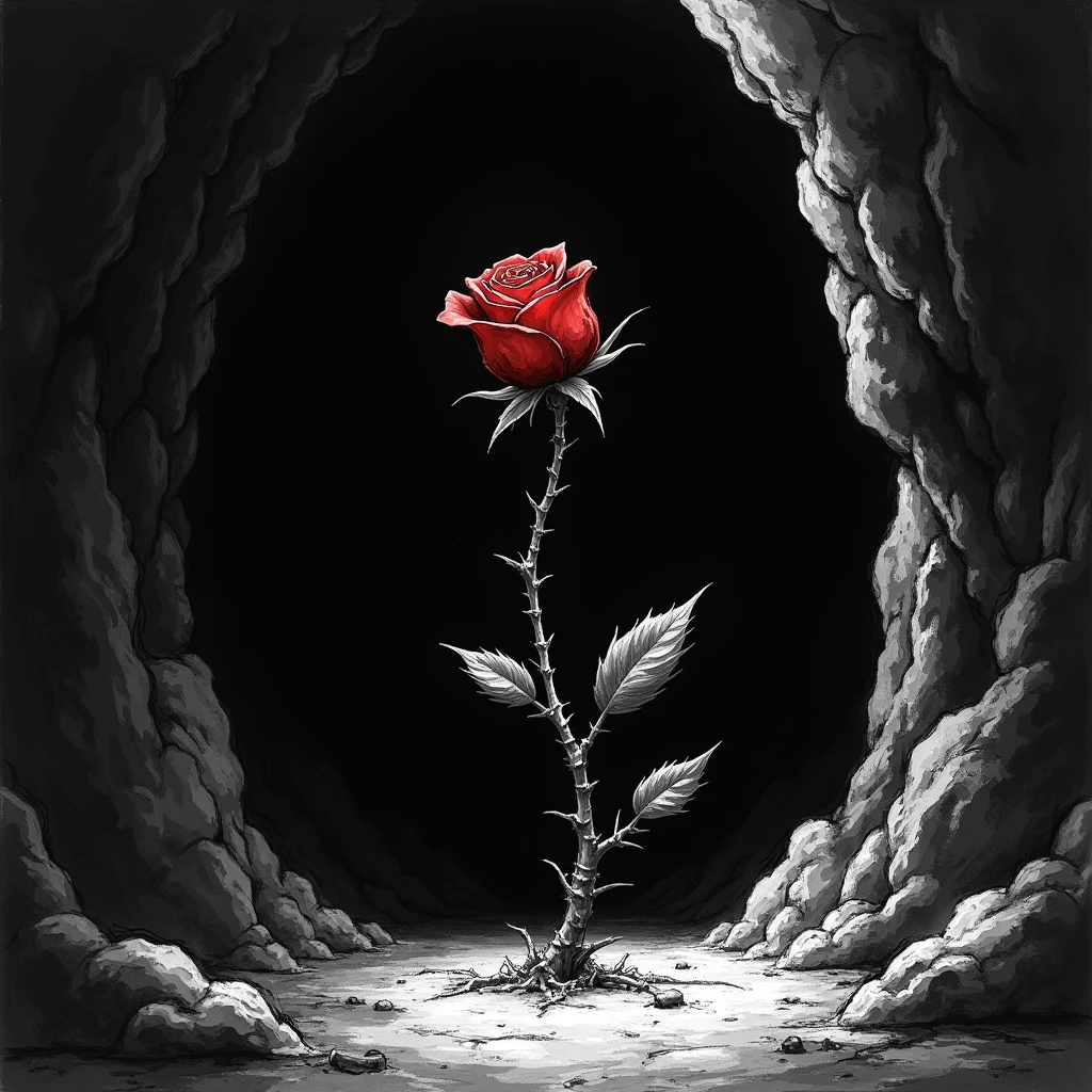 A whithering bloody rose-bud reaches towards the light,dark deep pit,There is only a glimmer of light at the far entrance of the cave, Black and white, sketch