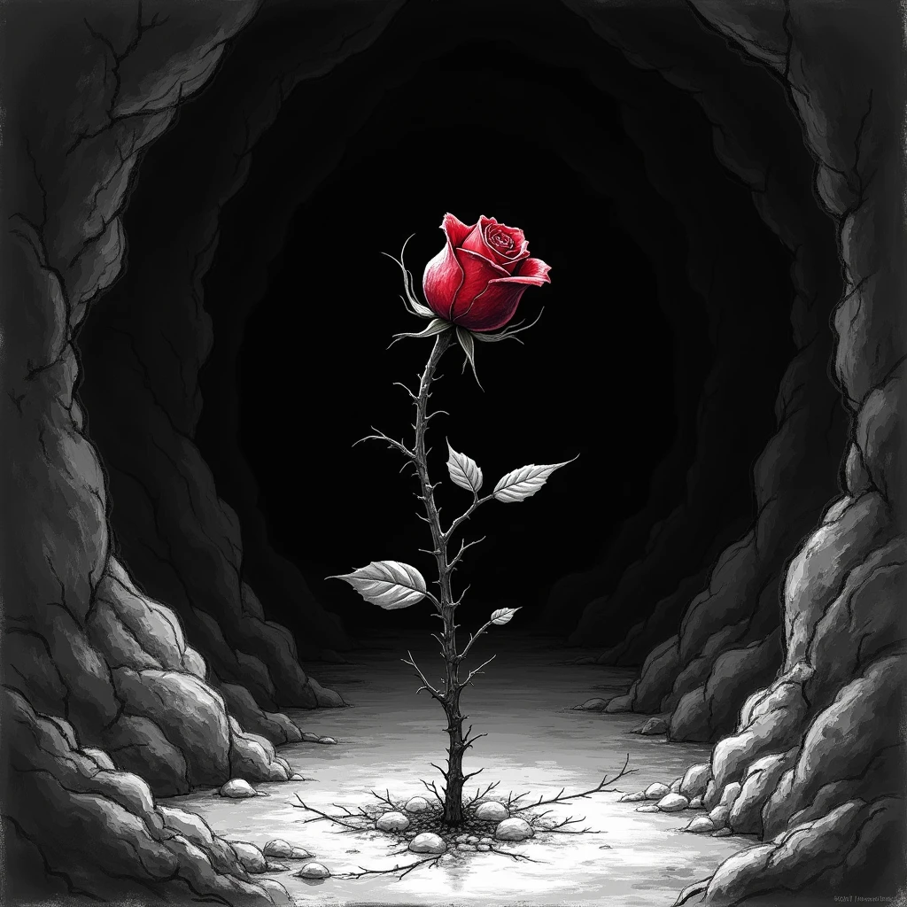 A whithering bloody rose-bud reaches towards the light，dark deep pit，There is only a glimmer of light at the far entrance of the cave, Black and white, sketch
