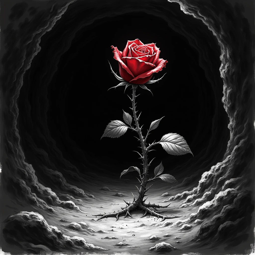 A whithering bloody rose-bud reaches towards the light，dark deep pit，There is only a glimmer of light at the far entrance of the cave, Black and white, sketch
