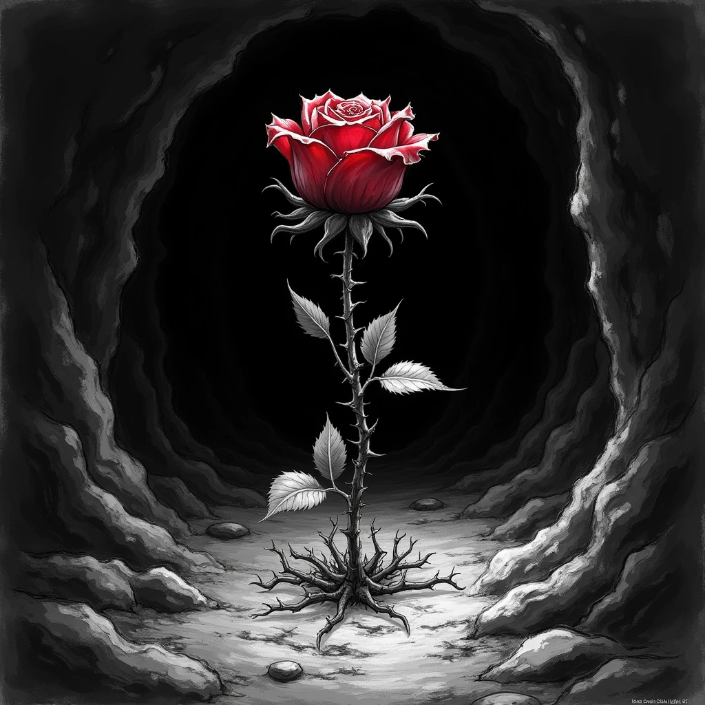 A whithering bloody rose-bud reaches towards the light,dark deep pit,There is only a glimmer of light at the far entrance of the cave, Black and white, sketch