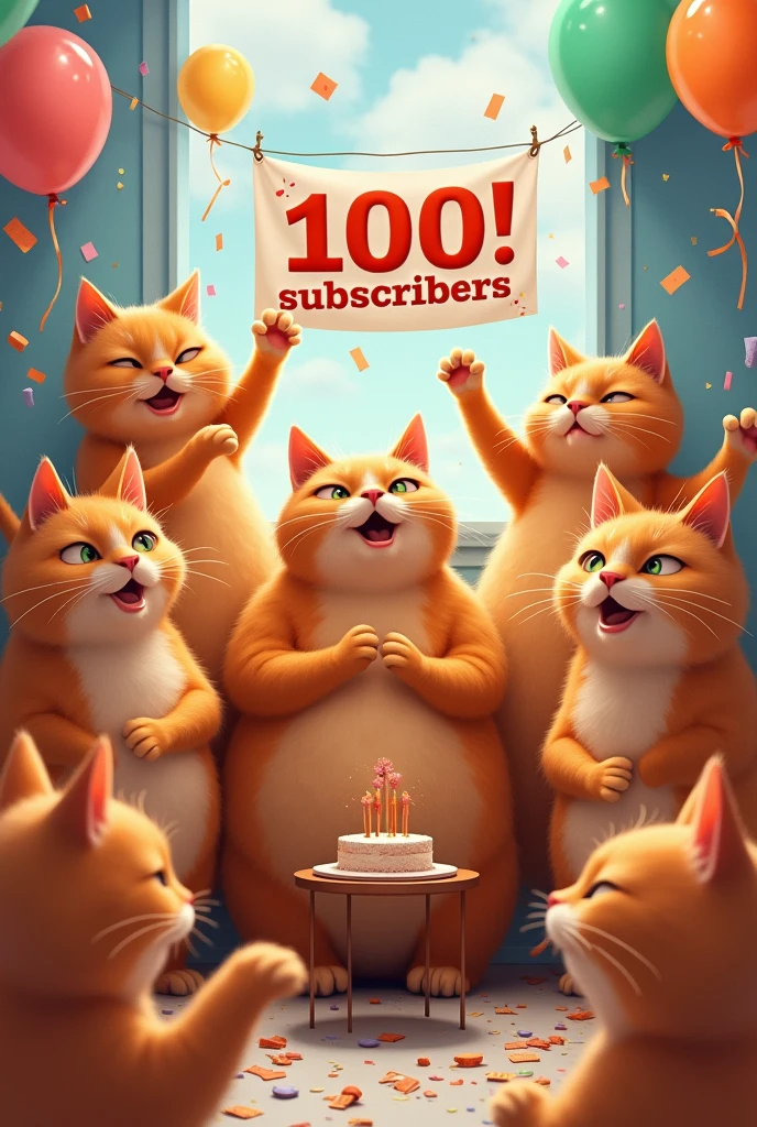 Group Celebration:**  
   "A group of ten extra-large, fat ginger cats with human-like teenage faces, celebrating reaching 100 subscribers on YouTube. They're in a party setting, surrounded by balloons, confetti, and a large banner that reads '100 Subscribers!'"