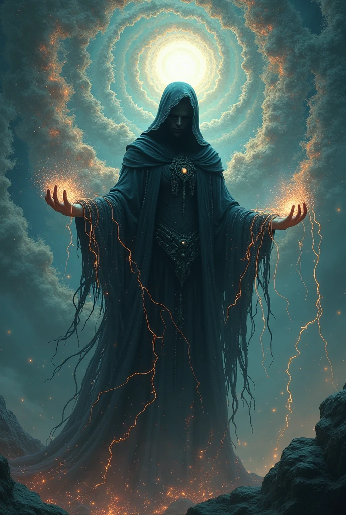 Dark fantasy creature weaving a tapestry of reality from threads of cosmic energy