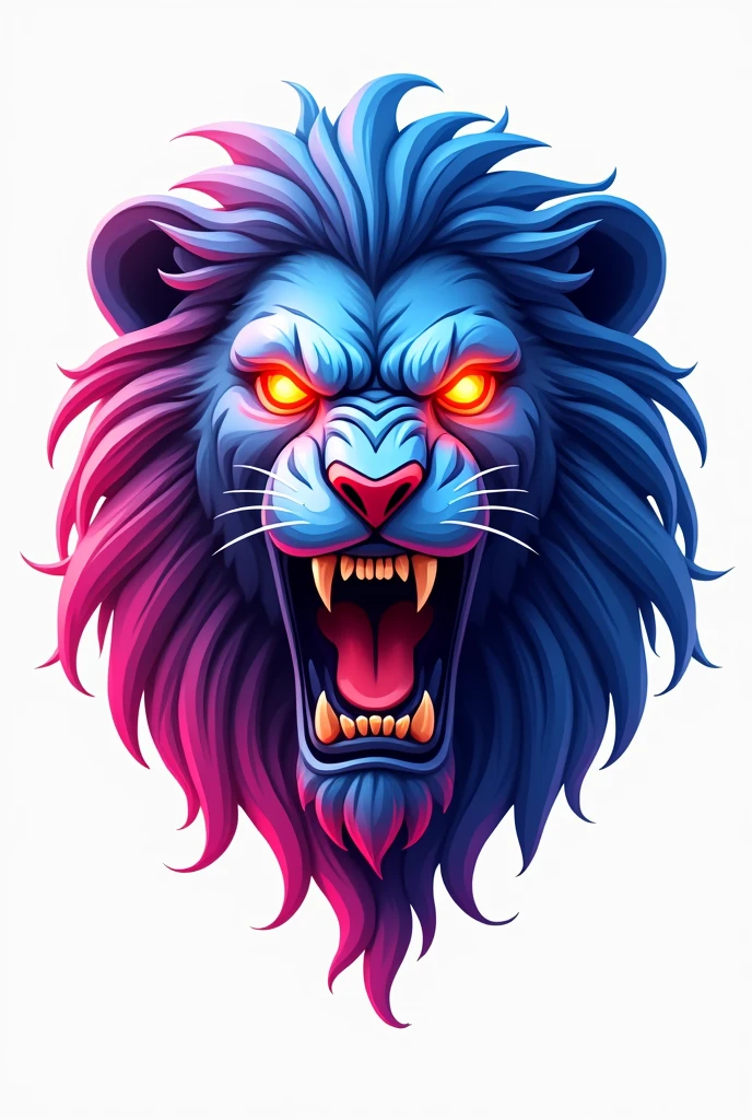 Same image Logo Reliefs No shadows Angry lion face Roaring Orange eyes White center Mane from blue to pink, iridescent white background


