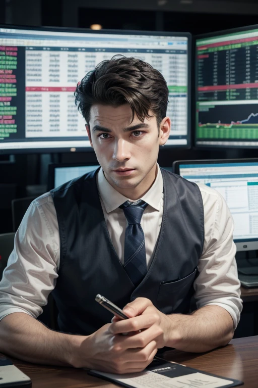 Man at a table, with a notebook operating on the stock exchange.