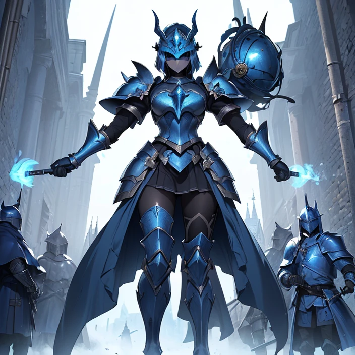 (masterpiece image), (very detailed image, (best high quality high definition image), (carefully detailed textures and pixels), (carefully detailed character and background), (alone character, solo), (HD), (High resolution), (Fantasy), (anime)
{{(1character: blue knight:((full head covered in helmet showing no face, no face and nothing more), body full covered in heavy blue knight armor)),((standing brave and strong),(willing to protect you and everyone)),((blue knight helmet), (helmet with two horns)), (blue steel knight cuirass), (blue steel armor skirt), (blue heavy steel shoulder plates), (blue arms armor), (blue gauntlets), (blue neck armor), (blue steel knight long boots))),((holding a long light-blue halberd with her right hand)),((morning at the danish castle wall), (on patrol), (standing confident and strong))}}