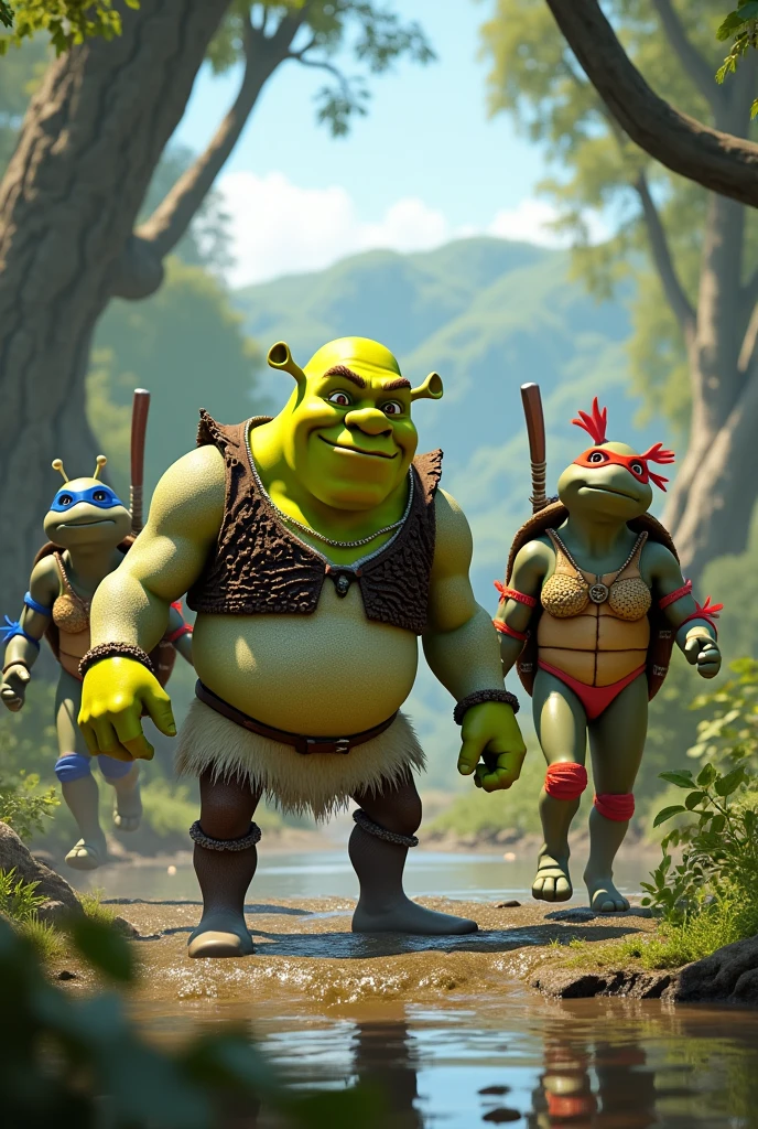 Put Shrek Donkey and Puss in Boots fighting the Ninja Turtles in bikinis