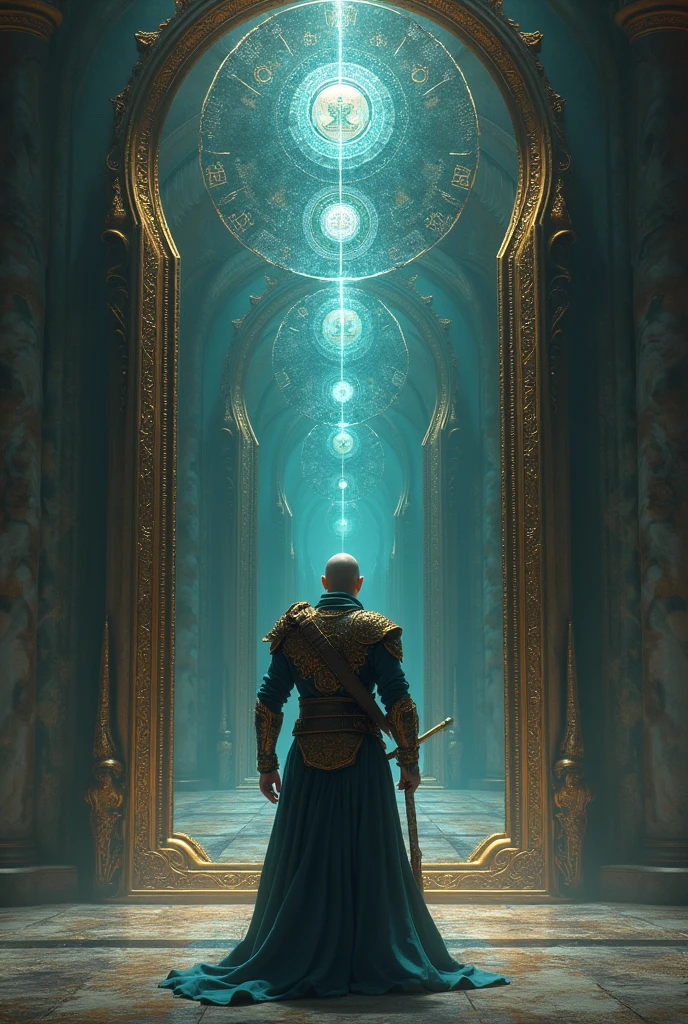  Warrior facing a mirror that reflects infinite versions of self across multiple universes