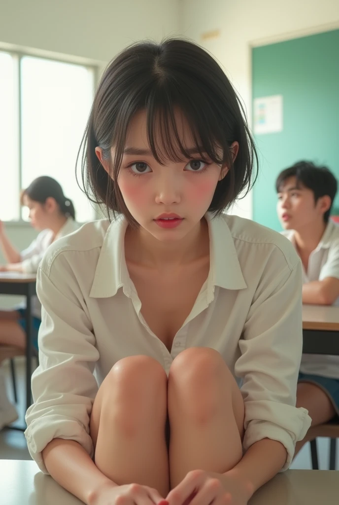 nsfw,loafers、smile、Bright classroom、(((alone))),(((1 person))), beautiful, shape, Highly detailed skin, masterpiece, Highest quality, Highly detailed face, Vibrant colors, Written boundary depth, Cinema Lighting,, one person's, alone, short hair,skirt,blush, White shirt, masterpiece Highest quality 高解像度 膝を曲げて座る、eight-headed body、beautiful足 、On campus、As if looking up from below、((Embarrassing,blush)),Browsing Caution,White panties,(((White pantiesをずらしてまんこを見せる)))