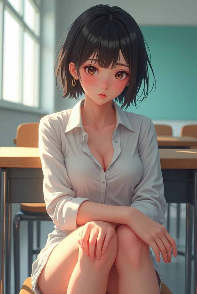 nsfw,loafers、smile、Bright classroom、(((alone))),(((1 person))),  beautiful, shape, Highly detailed skin, masterpiece, Highest quality, Highly detailed face, Vibrant colors, Written boundary depth, Cinema Lighting,, one person&#39;s, alone, short hair,skirt,blush, White shirt, masterpiece Highest quality 高解像度  膝を曲げて座る、eight-headed body、beautiful足 、On campus、As if looking up from below、((Embarrassing,blush)),Browsing Caution,White panties,(((White pantiesをずらしてまんこを見せる)))
