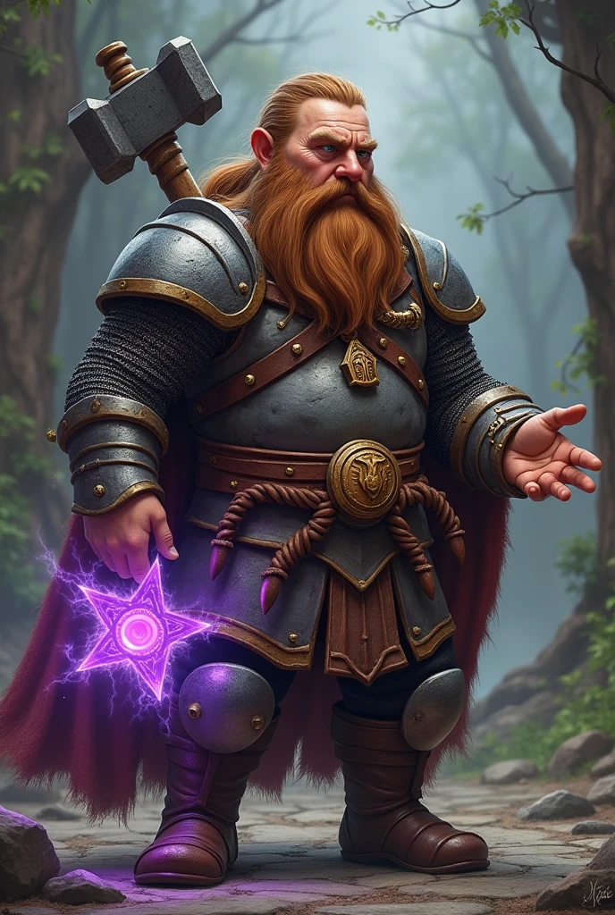 a white dwarf man with a long brown beard, and with a ponytail wearing chain mail, with a war hammer on his back, a small necklace with a wooden plaque with blood radiating a purple energy, while his hands are glowing with a clear healing magic with a little purple, He has 1,40 m tall and weighs 75 kg