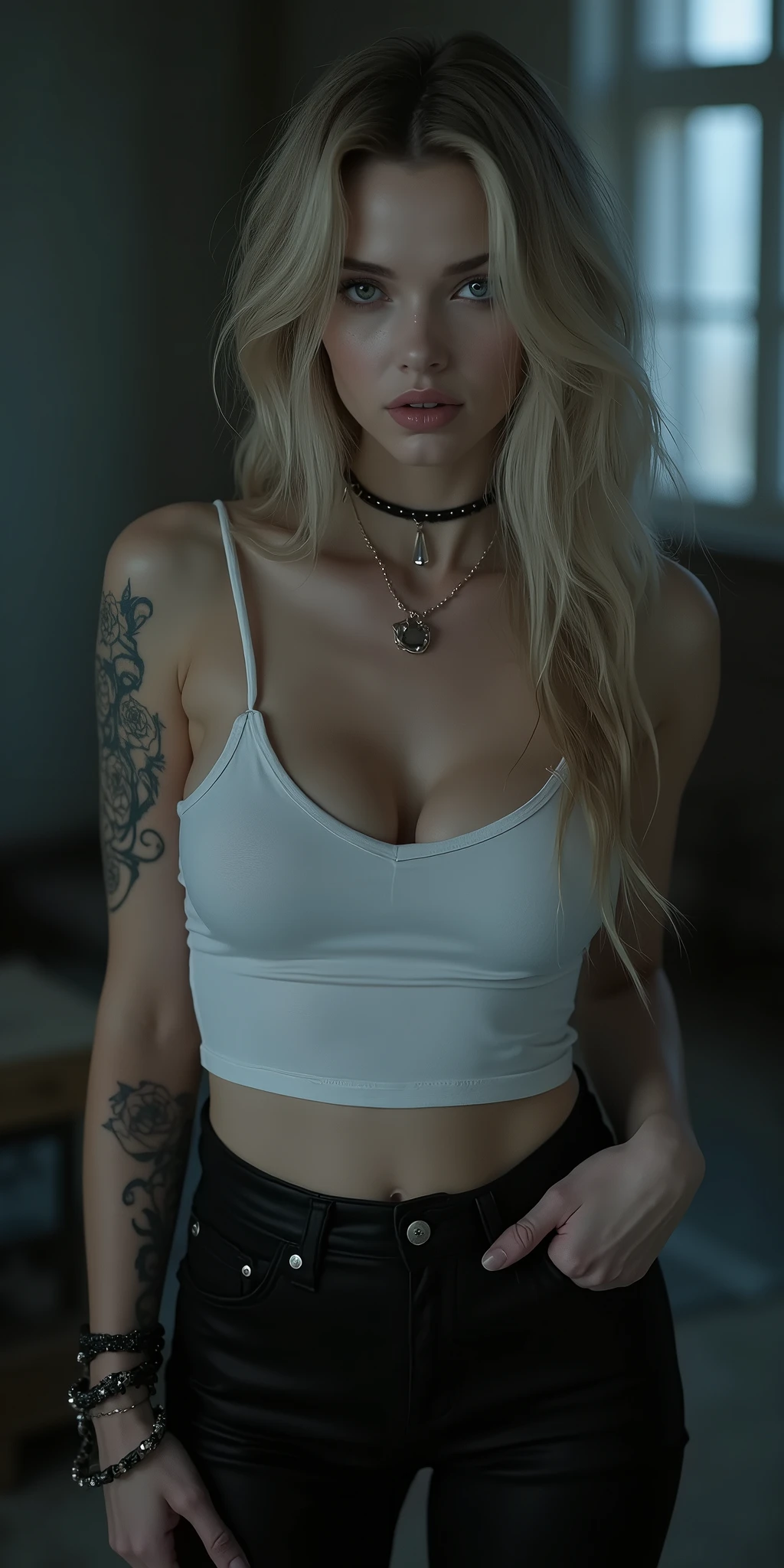 (best quality, ultra-detailed, photorealistic: 1.39), bright and vibrant colors, studio lighting, romantic expression, An effeminate girl, with a delicate and beautiful face. Beautiful and adult woman with her straight loose blonder dark hair matches the gothic makeup, her dark silver eyes and mischievous smile, with her large seductive breasts, cleavage, dark style, beautiful white tank top, black leggings, in a senaual  pose, tattoos on the stomach, gothic details , dark makeup. She have a horny face, like a manwha character, haunted and gothic apartment, old apartment, gothic accessories in the haunted apartment , gothic scenery at night, seductive cleavage, manga style, anime features manga style, fully body , she is in love, like a manwha character style 