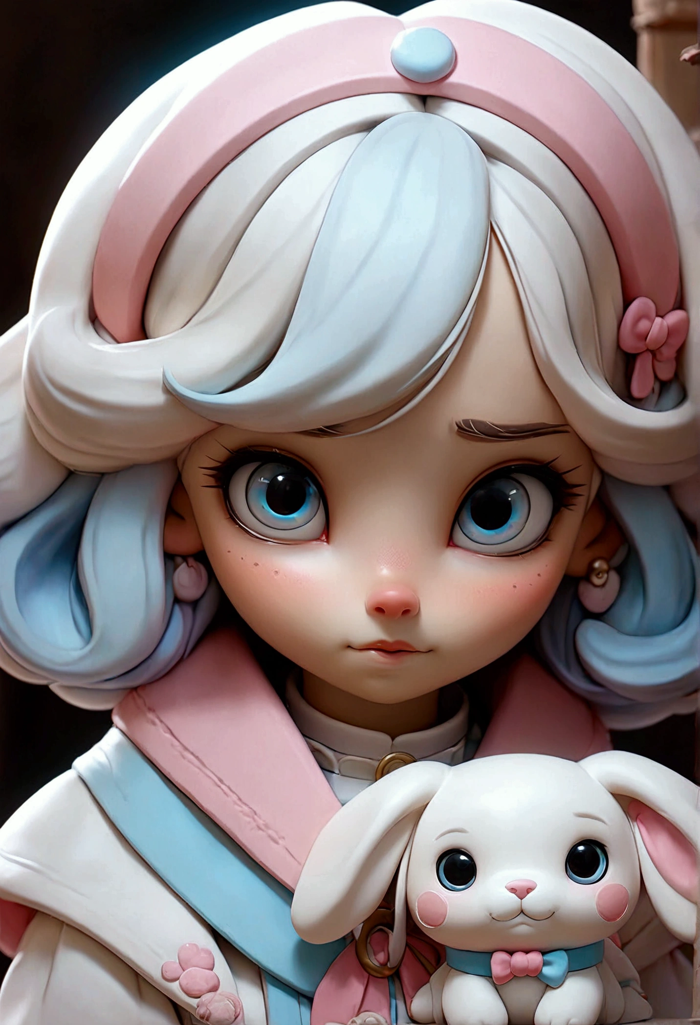 Cinnamoroll doll, HD, 8k, detailed, white hair pink shadow, pink and pastel blue, Wallpaper, sweet girl, bright and big eyes 