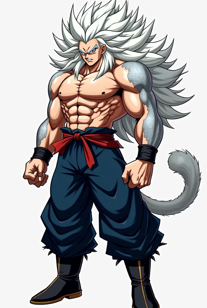 Trunks with long, bristly hair reaching to the waist, bristling in white,muscular,Red eyes,shirtless,Silver fur on his arms and part of his abdomen and pectorals,Jin's dark blue pants,white monkey tail,black boots(anime style,dragon ball)