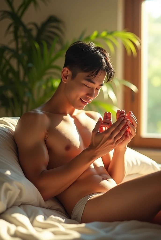 (photorealism:1.2), handsome Korean man, sitting on bed, naked, plants in background, window with sunlight, cozy room, relaxed pose, realistic, very muscular, he smiles with his really huge hard dick in his hands