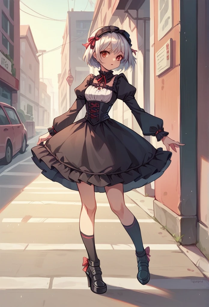 NSFW, cute girl, short silver hair, , black knee-high socks, ,High heel pumps,Gothic Lolita(:1.3),Standing on the street