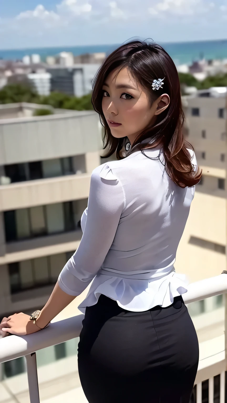 (A Japanese woman looking back on a balcony with a night view:1.4、p-line:1.4)、(Realistic、Like a photograph、Live Action、8k, Realistic, RAW Photos, Best image quality: 1.4), Single-lens reflex camera、RAW Photos, Highest quality, Realistic, Very detailed CG Unity 8k wallpaper, Written boundary depth, Cinematic Light, Lens flare, Ray Tracing, Realistic background、(Blouses with ruffles:1.4、Tight long skirt:1.1、Mermaid Skirt、Attractive hip line、Line of panties)、((ultra high density skin))、 Cute Japanese Woman、((whole body:1.5))，(short hair:1.2、tie your hair with a hair clip)、I like that style、stylish、Very detailed、Pay attention to the details、Perfect outfit、(Sunburned skin)、View from behind