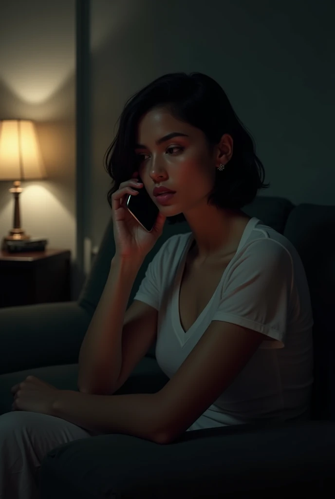 A white Brazilian woman with short black hair, shoulder-length nose, looking down, light eyes, on the couch in her living room at night, with only the lamp on, talking on her cell phone.