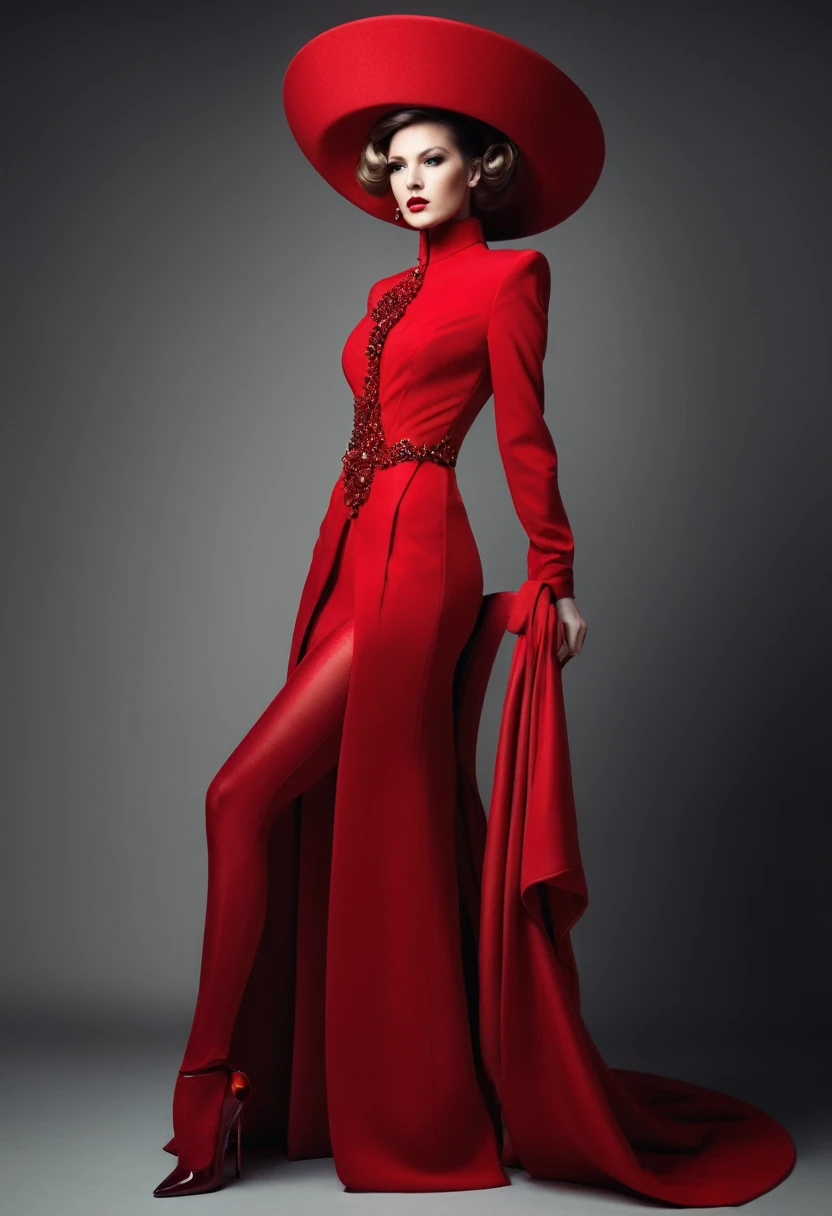 beautiful sexy woman, beautiful avant-garde style, full length , Beautiful red clothes , Accessories
