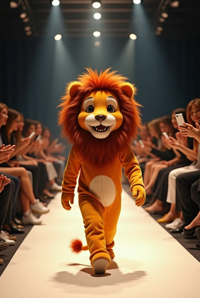 Create a realistic image of a child, parading on a catwalk, personas assistindo, some with cell phone in hand, with a creative lion costume, person