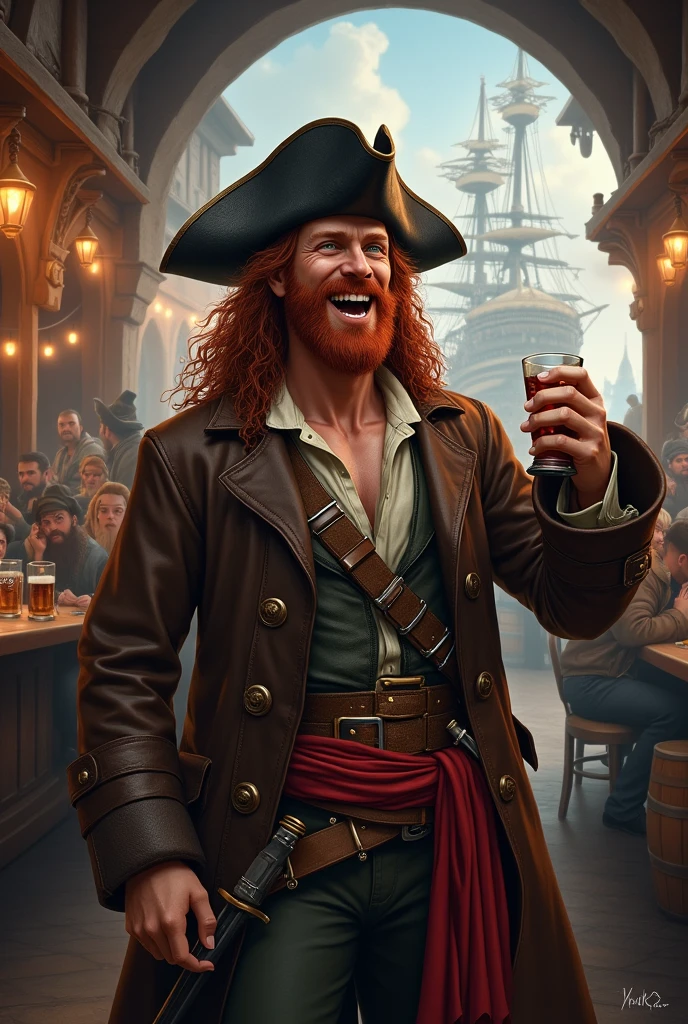 Create an image of a full human race pirate for D&D. A Pirate with Long Hair, curly and red, dark green eyes. He wears a black leather battered hat, wears a brown pirate trench coat, with a light shirt and a ruined vest underneath. In life he wears a red sash with a belt, above the belt two pirate sabres. He is drinking rum and laughing celebrating with other sailors in a pub with the largest pirate port in the world in the background. 