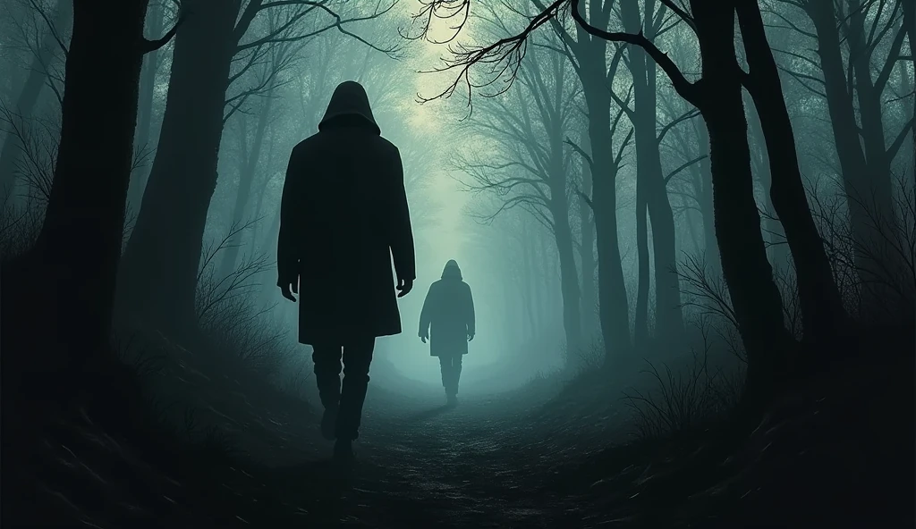 "A dark silhouette of D.B. Cooper walking into the forest, with an ominous atmosphere."