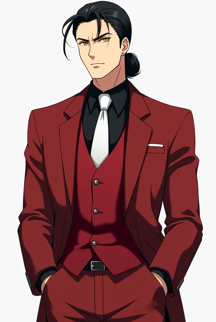 Create an anime style male character, com 30 anos, with a serious face, skin fair, has black hair tied back, the iris of your eyes is yellow, and his clothes are a black dress shirt, red vest, white tie, red jacket, red pants, black dress shoes, very small silver earrings