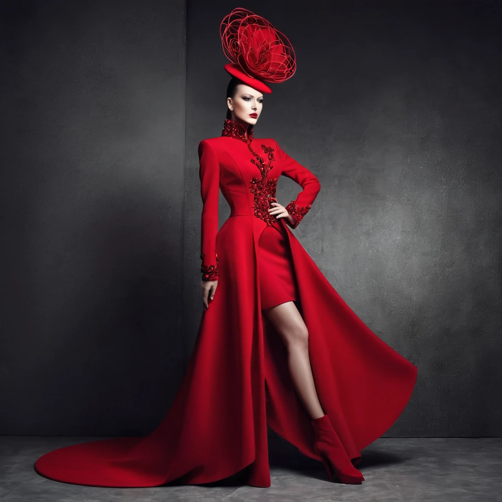 beautiful sexy woman, beautiful avant-garde style, full length , Beautiful red clothes ,  Accessories 