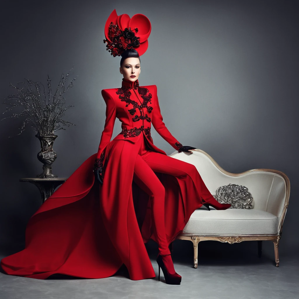 beautiful sexy woman, beautiful avant-garde style, full length , Beautiful red clothes ,  Accessories 