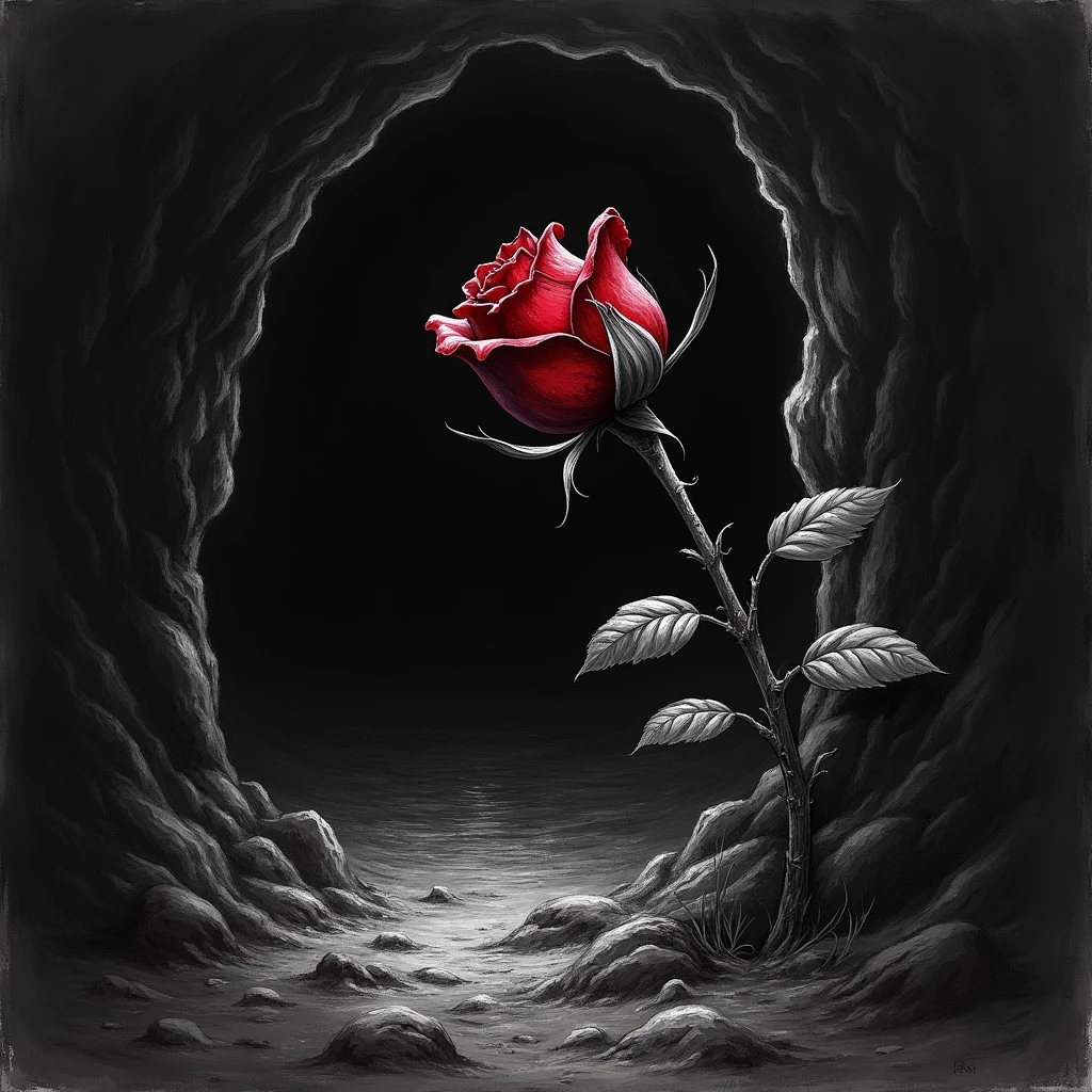 A whithering bloody rose-bud reaches towards the light，dark deep pit，There is only a glimmer of light at the far entrance of the cave, Black and white, sketch, close up
