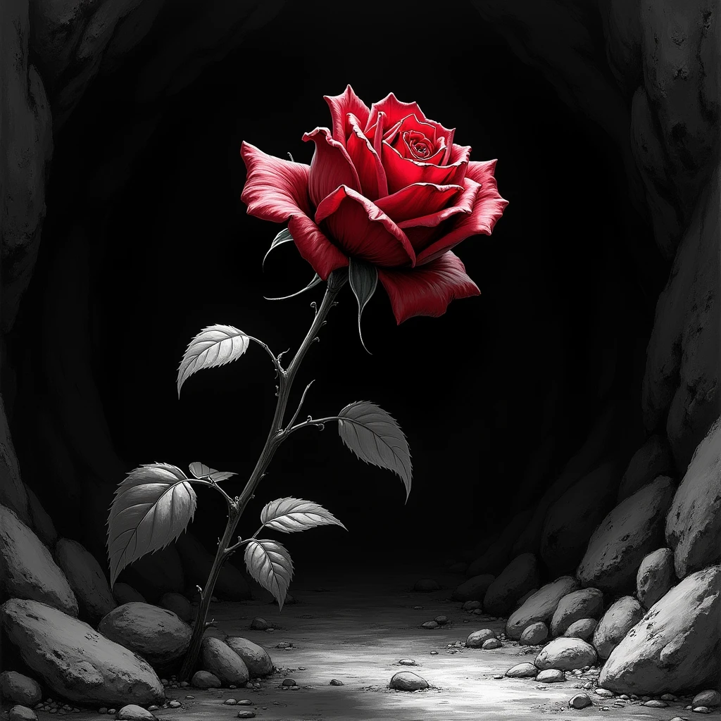 A whithering bloody rose-bud reaches towards the light,dark deep pit,There is only a glimmer of light at the far entrance of the cave, Black and white, sketch, close up