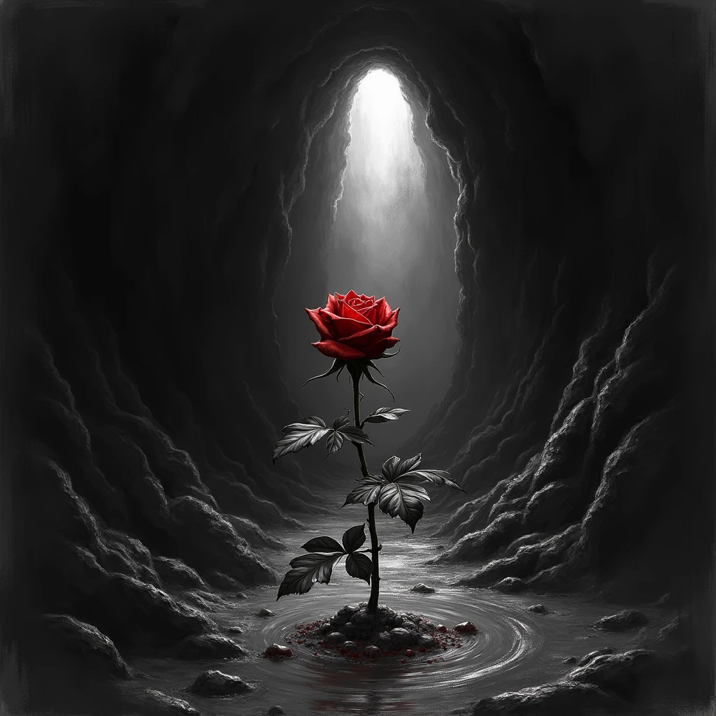 A whithering bloody rose-bud reaches towards the light,dark deep pit,There is only a glimmer of light at the far entrance of the cave, Black and white, sketch, close up