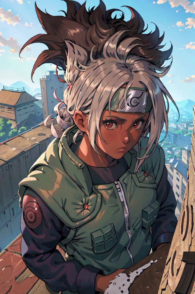 joninvest, forehead protector, black headband, konohagakure rooftop, from above, brown skin, messy bun, extremely curly hair, (best quality, masterpiece, RAW photo,ultra-detailed:1.2), 1girl,solo,looking at viewer, action pose