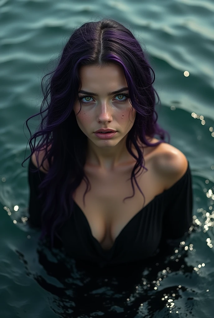 English woman 20 years old,skin fair,sparkling green eyes,dark purple hair,black greek dress goddess,coming out of the black sea,cinema image,品質,full body images,detailed,sobbing,