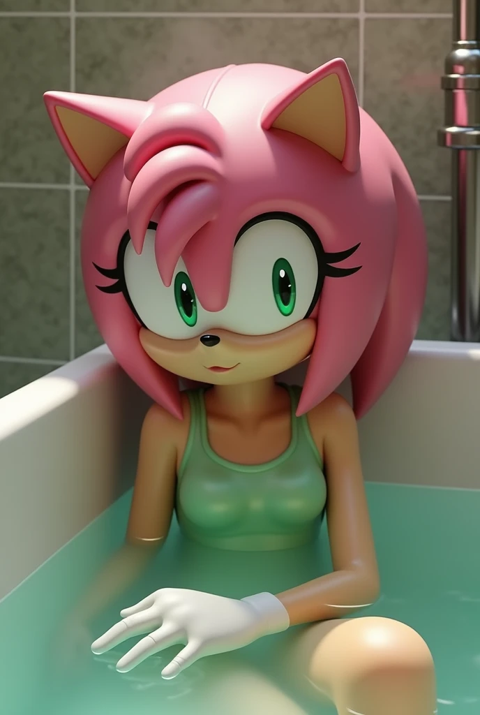 Amy rose in green dress lying in the bathtub up to his chest, relaxed