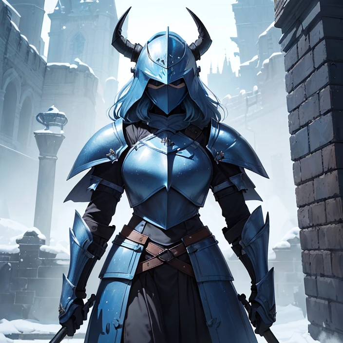 (masterpiece image), (very detailed image, (best high quality high definition image), (carefully detailed textures and pixels), (carefully detailed character and background), (alone character, solo), (HD), (High resolution), (Fantasy), (anime)
{{(1character: female knight:((full head covered in helmet showing no face, no face and nothing more), body full covered in heavy blue knight armor)),((standing brave and strong),(willing to protect you and everyone)),((blue knight helmet), (helmet with two horns)), (blue steel knight cuirass), (blue steel armor skirt), (blue heavy steel shoulder plates), (blue arms armor), (blue gauntlets), (blue neck armor), (blue steel knight long boots))),((holding a long light-blue halberd with her right hand)),((morning at the danish castle wall), (on patrol), (standing confident and strong))}}