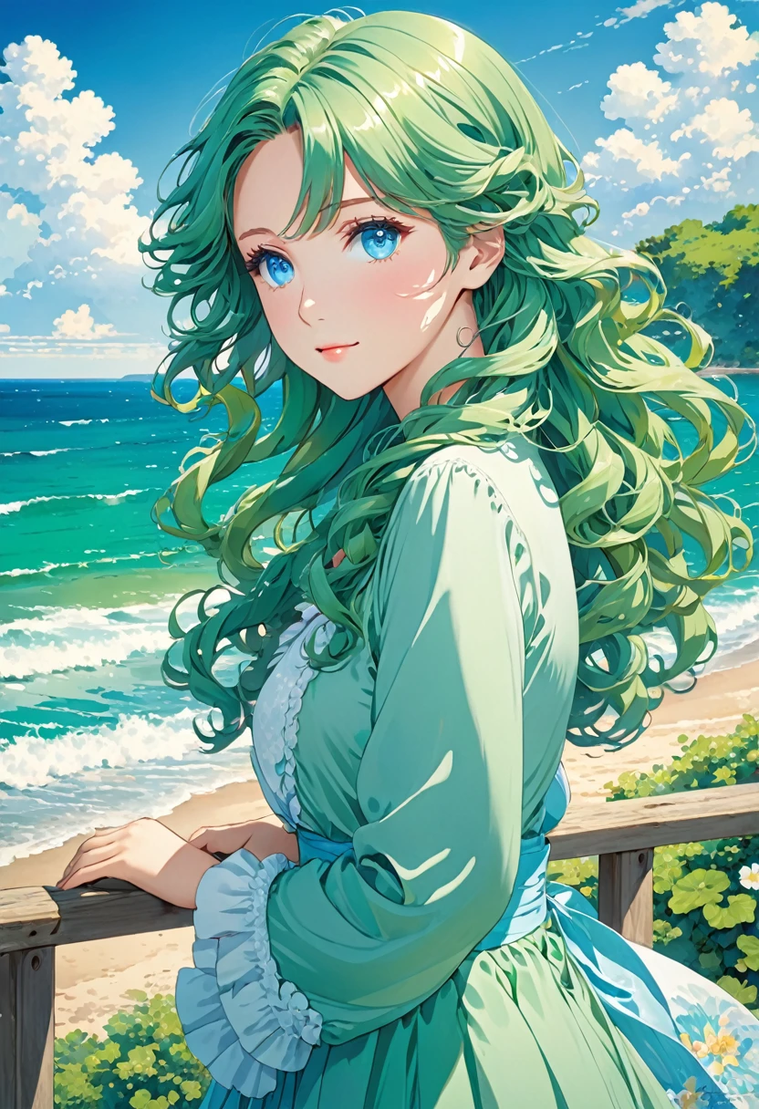 Anime image of a girl. Long green hair. Blue eyes. Near the sea. Curly silky hair,