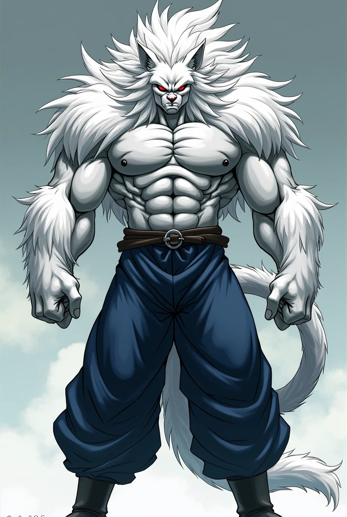 Trunks with long, bristly hair reaching to the waist, bristling in white,Red eyes,shirtless,Silver fur on his arms and part of his abdomen and pectorals,Jin&#39;s dark blue pants,white monkey tail,black boots(anime style,dragon ball)