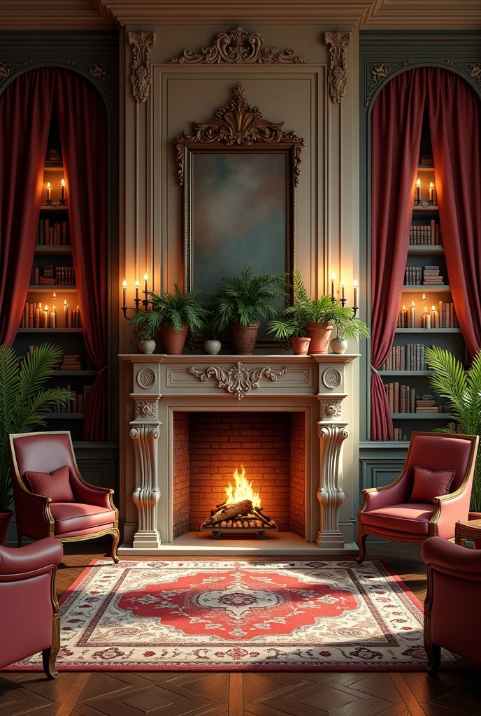 Ictorian parlour, marble fireplace plants in pots, candles heavy drapes with pelmets book cases persian rugs