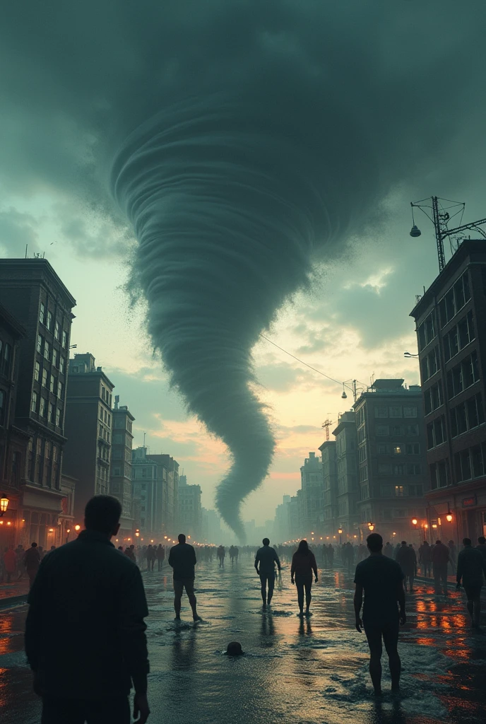 Tornado f5, in a city, during a strong storm, and a flood in the United States while the world is on fire