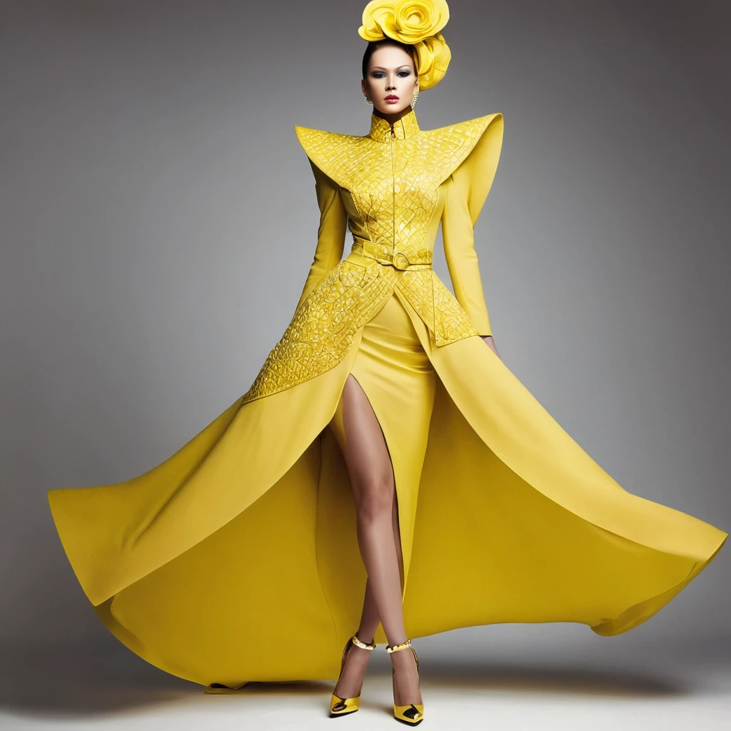 beautiful sexy woman, beautiful avant-garde style, full length , Beautiful yellow clothes , Accessories