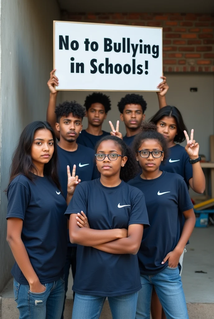 Several teenagers are posing outdoors in an area with concrete walls and a cement floor. They are wearing a dark blue t-shirt with the Nike symbol in white.. The young people have Brazilian characteristics and are making a peace gesture with their left hand raised. Ao fundo, there is a wall with exposed bricks and some construction materials scattered around, giving the impression of a simple residential environment under construction. The young people's expression is serious and they look directly at the camera..
A large sign above them says "No to Bullying in Schools!"