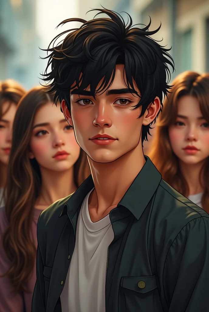 This young man, let's call him Alex, seems almost perfect to any girl who sets her eyes on him. Being only 20, the epitome of his youth, the boy is confident and outgoing, and most certainly loved by all the girls at his school. His messy, black hair is in direct contrast to his warm, brown skin, making it an interesting mix of dark and light. The girls always can't get enough of him, from his strong, tall build to his handsome face.