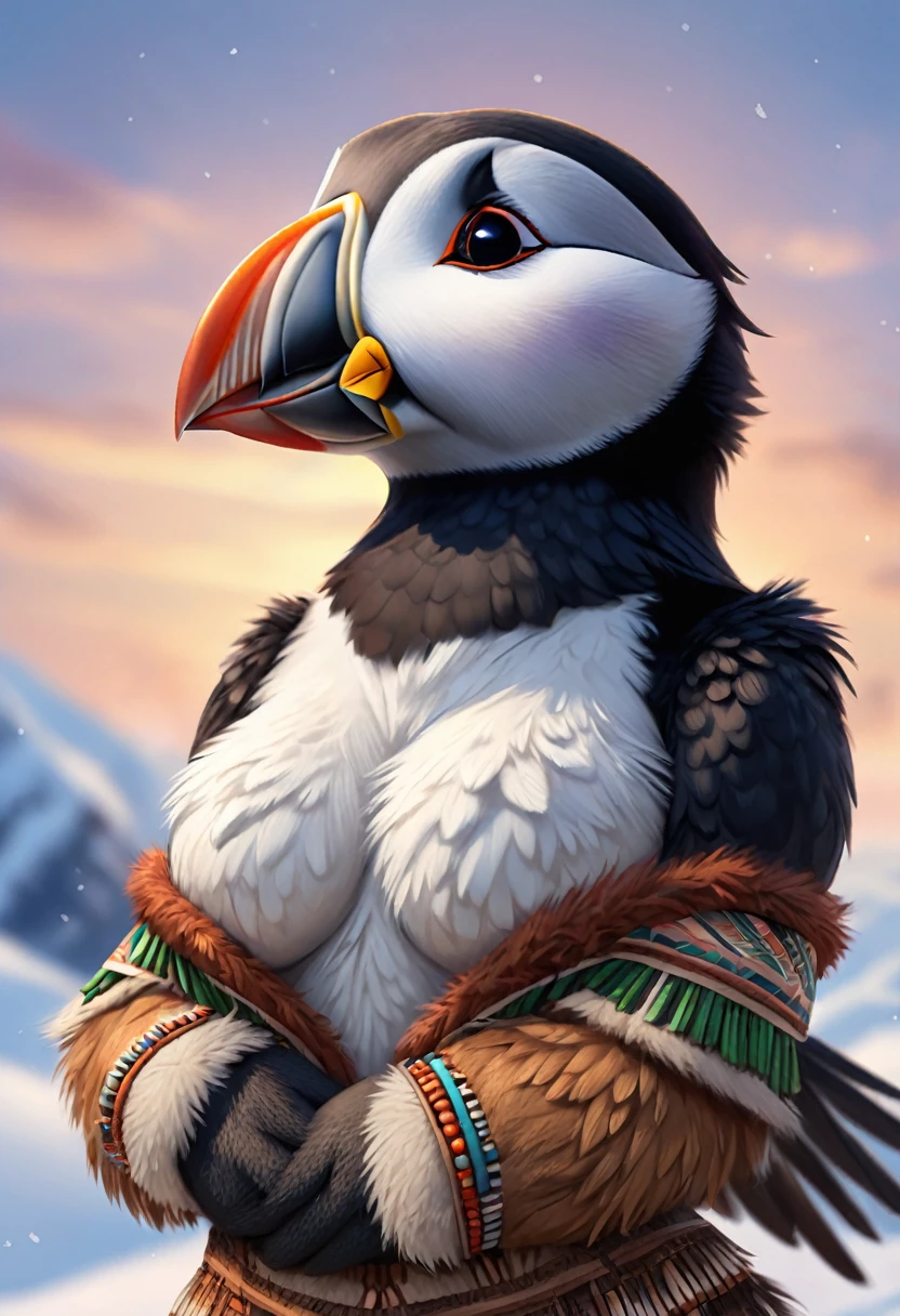 Puffin, avian, anthro, furry, female, feminine, fur, detailed fur
Anthro, bird, beak, winged-arms
masterpiece, best quality, digital art, (realistic:0.3), cartoon, detailed lines, high resolution, visually stunning
(detailed lighting, depth of field:0.9), detailed color, vivid color
perfect hands, detailed hands
(beautiful, cute, fluffy:1.2), detailed body, perfect breasts, 1girl, solo, smile
outdoors, snow, nature, tribal accessories, tribal clothes