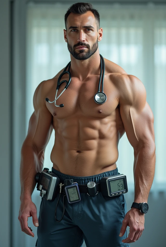 A muscular gym worker doctor, with heart beat checking material, upto his waist, full face view, looking forward