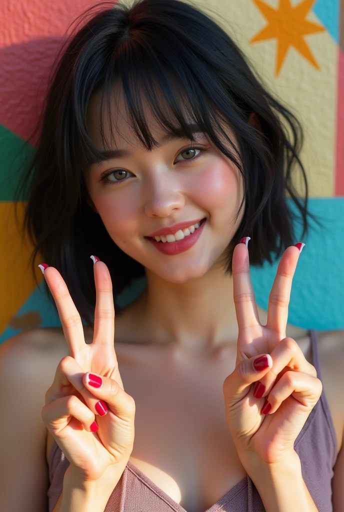 RAW photo, best quality, masterpiece, ((photorealistic)), Polish girl, 20 years old, black hair, Light grey eyes, short bob cut, hair in 7 thirds, hair over one ear, Symmetrical eyes, Detailed Skin, Detailed face, Detailed hands, Big Breasts, rip gloss, Photographed in front of a colorful, stylish exterior wall, smiling, eyes closed, peace sign with both hands, upper body, sunny, outdoors, detailed background,