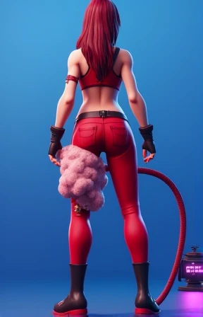 Ruby from fortnite with a pump connected to her crotch area inflating her juicy thighs, her thighs bulging from small rips in her red pants