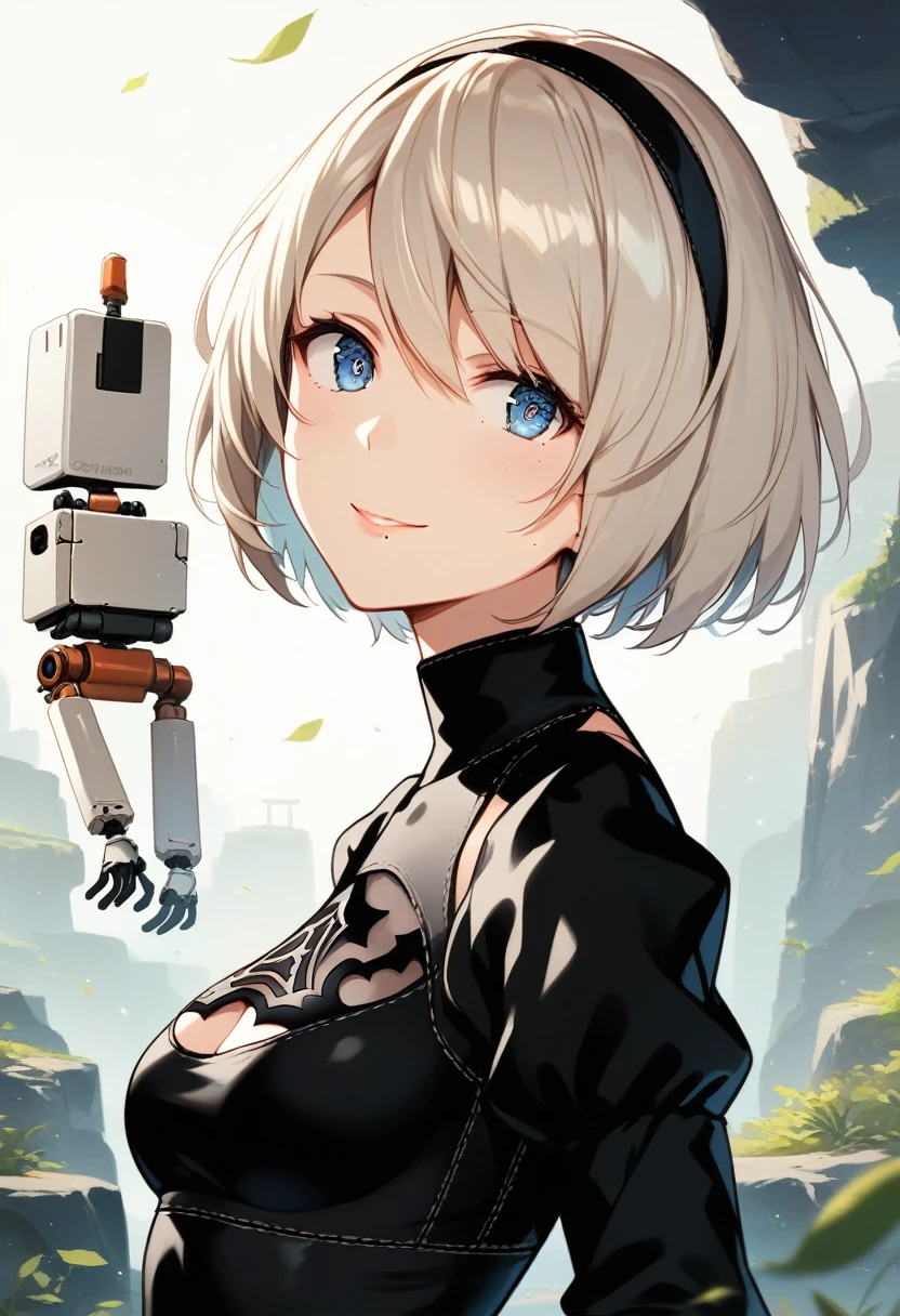 score_9, score_8_up, score_7_up, high res image,masterpiece,best quality, BREAK {erotic face,looking away,enchanting smile} BREAK {solo, (2B of Nier_Automa:1.4)), (slender body,small breasts),(lightbrown_lightwhite colored hair:1.4, short cut hair), (medium mouth:1.2),(narrow and sharp eyes:1.4,blue-glay eyes),(black hairband:1.4)
